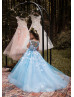 Beaded Blue Tulle 3D Flowers Keyhole Back Flower Girl Dress